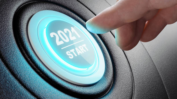 2021 - press the start button. concept of the new year. 3d illustration - year 2002 imagens e fotografias de stock