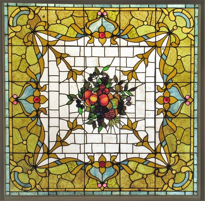 Paris, France: Antique Windows with Red Stained Glass Close-Up