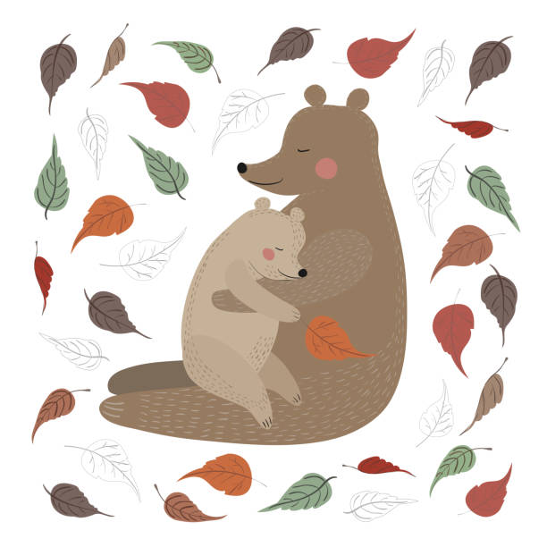 ilustraciones, imágenes clip art, dibujos animados e iconos de stock de mamá oso con cachorro sentarse abrazado aislado sobre un fondo blanco. dos lindos osos con hojas de otoño. - bear teddy bear characters hand drawn