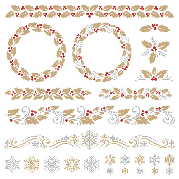 illustrazioni stock, clip art, cartoni animati e icone di tendenza di ornamenti natalizi - frame ornate single line in a row