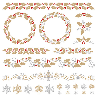 Christmas ornaments with holly and snowflakes. Vector design elements