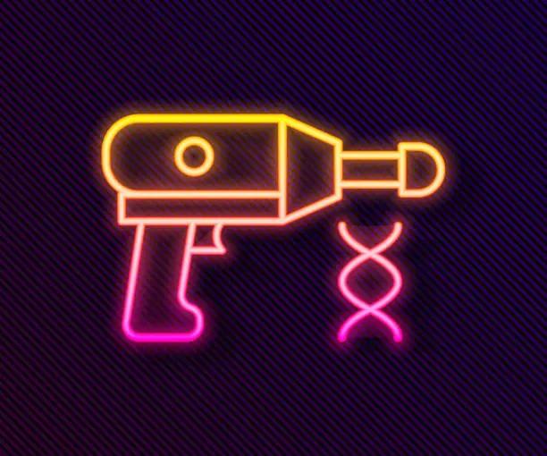 Vector illustration of Glowing neon line Transfer liquid gun in biological laborator icon isolated on black background. Vector