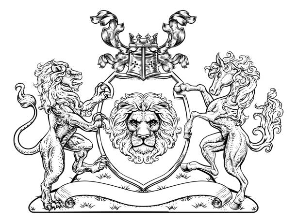 Coat of Arms Horse Lions Crest Shield Family Seal A crest coat of arms family shield seal featuring lions and horse knights templar symbols stock illustrations