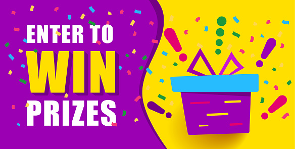 Bright banner with text, enter to win prizes. gift box on yellow background and exclamation marks. Fireworks or confetti around. Vector banner in modern flat style
