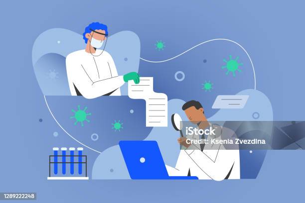 Covid Research Concept Medical Doctors Sharing Data With Scientisists Working On Antiviral Coronavirus Remedy Developing Vaccine Medical Doctor In Gown In Laboratory Using Computer Stock Illustration - Download Image Now