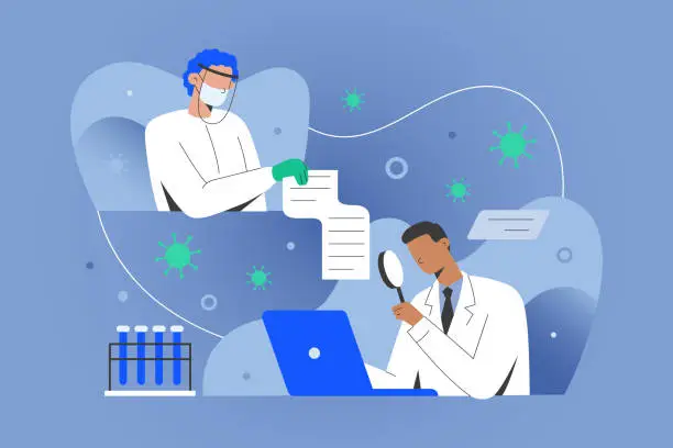 Vector illustration of Covid research concept, medical doctors sharing data with scientisists working on antiviral coronavirus remedy, developing vaccine. Medical doctor in gown in laboratory using computer.
