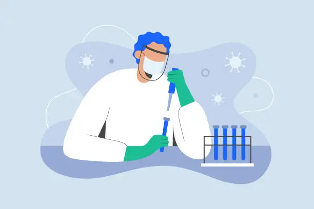 Vector illustration of Developing coronavirus vaccine. Scientist working on Antiviral drug against covid in laboratory wearing mask and gloves, chemical medical research concept