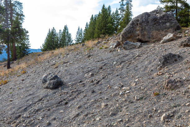 Rocks, boulders and loose dirt make up this slope near the Madison River in Wyoming's Yellowstone National Park.