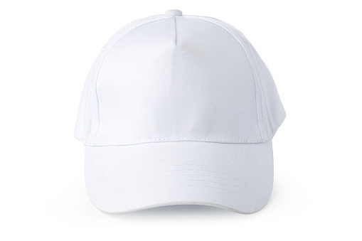 Stylish white baseball cap on green background, top view