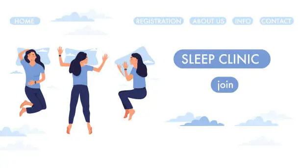 Vector illustration of Sleep clinic or laboratory website page template.Woman lying in bed with tracker on her hand.Device controls quality of dream or slumber.Healthcare and melatonin.