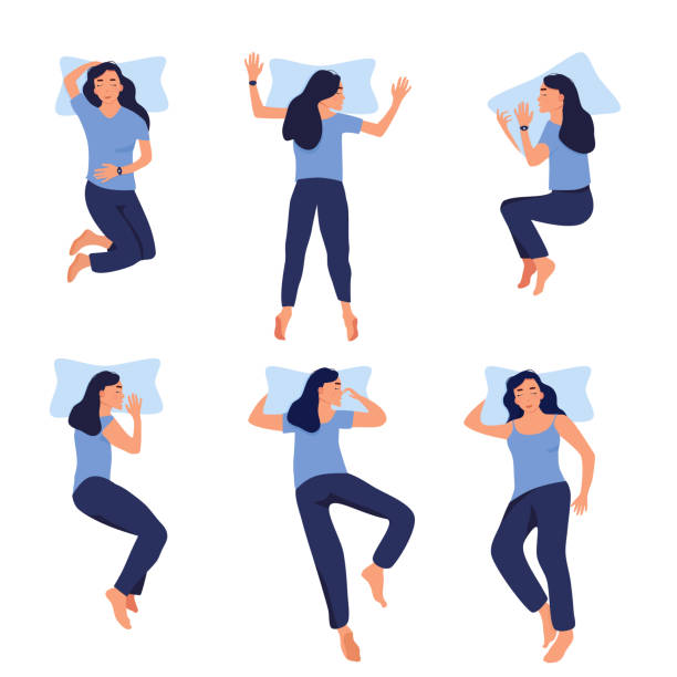 Different sleeping positions.Young woman with fitness tracker on her wrist.Device control quality of slumber during night.Electronic smart watch app. Healthcare and melatonin.Flat style.Blue colors pajamas illustrations stock illustrations