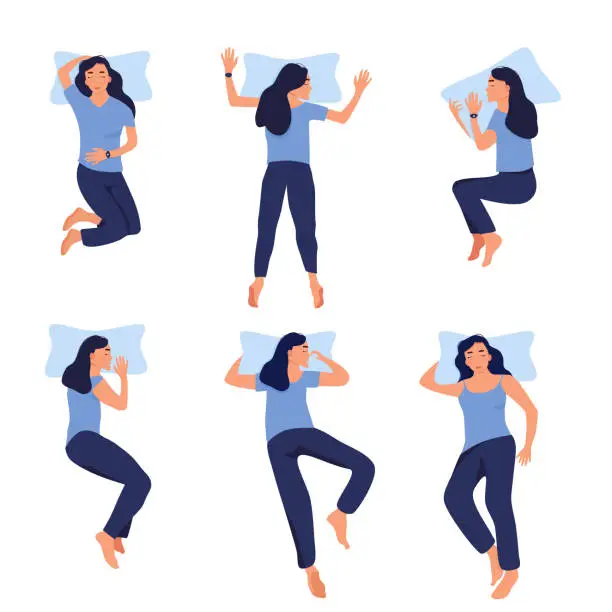 Vector illustration of Different sleeping positions.Young woman with fitness tracker on her wrist.Device control quality of slumber during night.Electronic smart watch app.