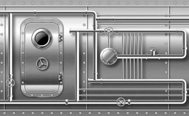 파이프 3d와 벽에 구멍금속 문 - pipe backgrounds built structure three dimensional shape stock illustrations