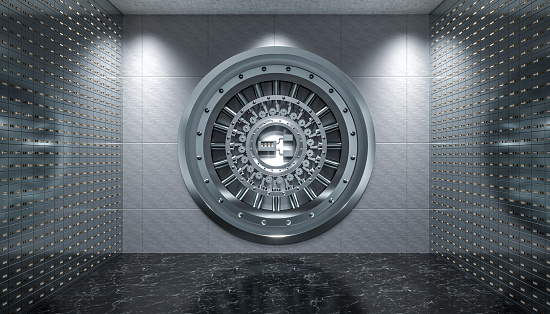 interior of a vault with steel door and safety deposit boxes, black marble floor. 3d render.