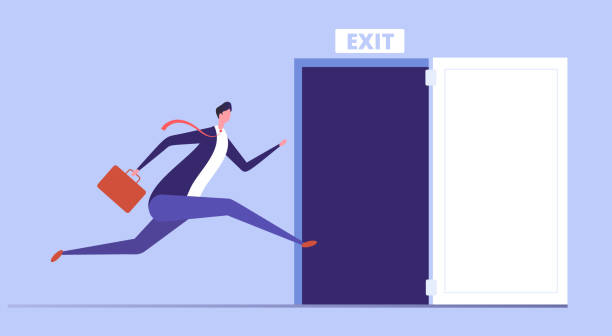 Businessman run to open exit door. Emergency escape and evacuation from office vector business concept Businessman run to open exit door. Emergency escape and evacuation from office vector business concept. Illustration of businessman run to door exit, escape direction cartoon of the saying goodbye stock illustrations