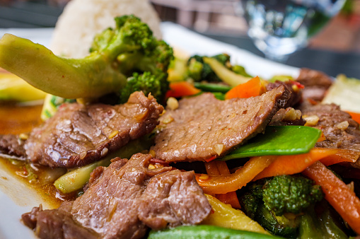 Thai beef pad pak with rice and mixed vegetables