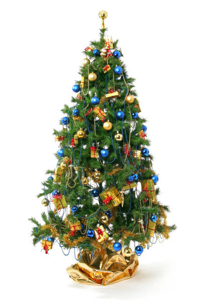 istock Christmas tree with ball and gifts cut out on white 1289236361