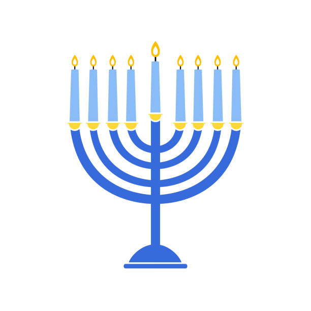 ilustraciones, imágenes clip art, dibujos animados e iconos de stock de emblema hanukkah menorah de color. vacaciones judías hanukkah tarjeta de felicitación tradicional chanukah símbolo menorah velas - hanukkah