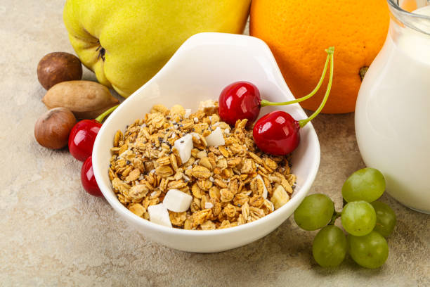 Breakfast with organic granola and milk