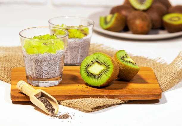istock Chia seeds pudding with green kiwi fruit and yougurt on white textured background 1289240225
