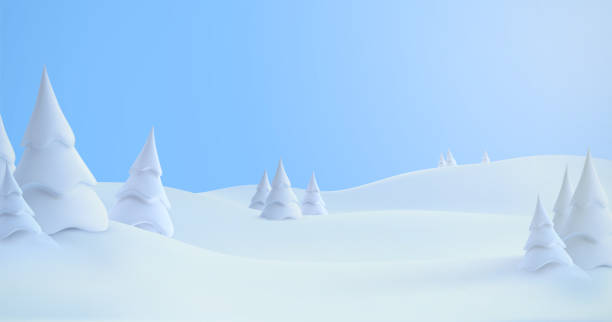 зимний пейзаж со сугробами и снежными елками. - 3d визуализатор stock illustrations