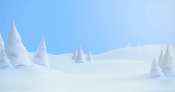 Vector illustration of Winter landscape with snowdrifts and snowy fir trees.