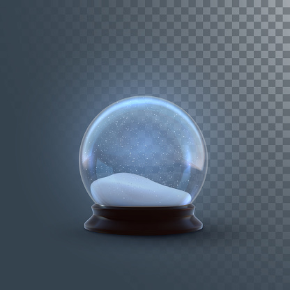Christmas snow globe isolated on checkered transparent background. Vector 3d illustration. Holiday realistic decoration. Winter Xmas ornament. Crystal ball with falling snow. Glass sphere