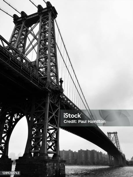 Black And White Photo Of The Williamsburg Bridge From The Brooklyn Side Stock Photo - Download Image Now