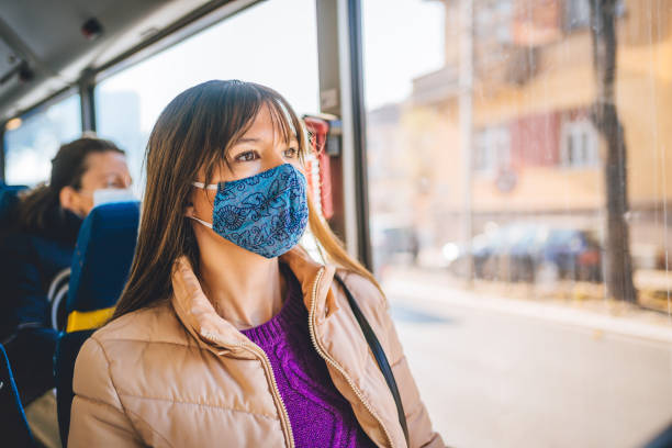 istock Woman with protective face mask in bus transport 1289247137