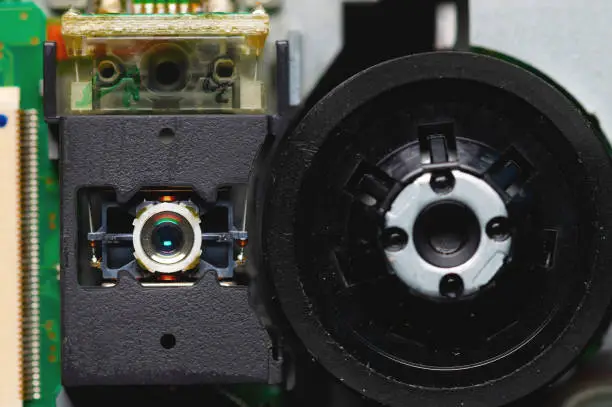 Close-up of a laser lens for reading and writing dvd roma cd drive. Readout optical design.