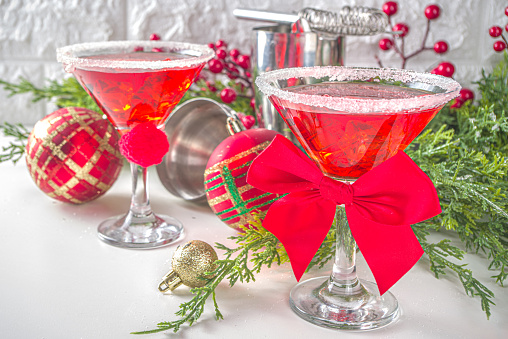 Christmas and New Year party drinks idea, santa hat martini, Christmas festive cocktail red martini