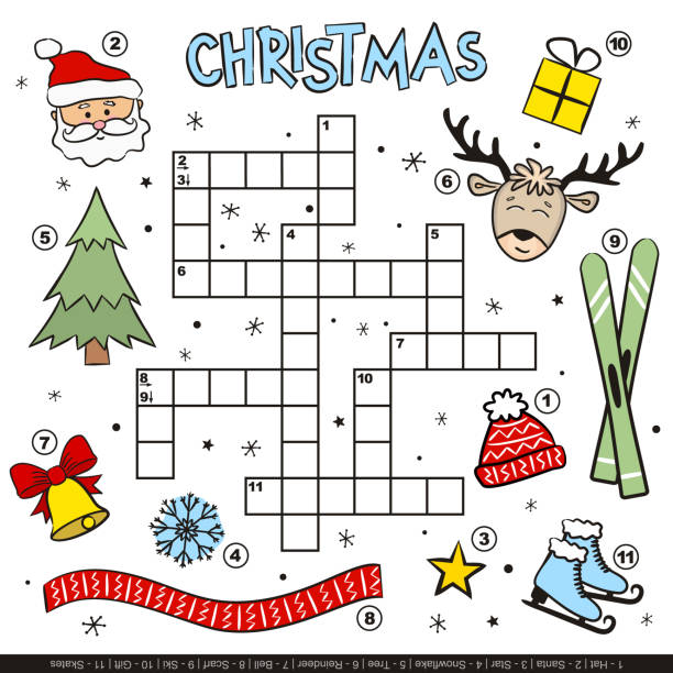 Merry Christmas crossword for kids. Children's winter game Merry Christmas crossword for kids. Children's winter game with cartoon elements. Santa Claus, tree, reindeer, skis, skates, scarf, hat, snowflake. Vector illustration. crossword puzzle drawing stock illustrations