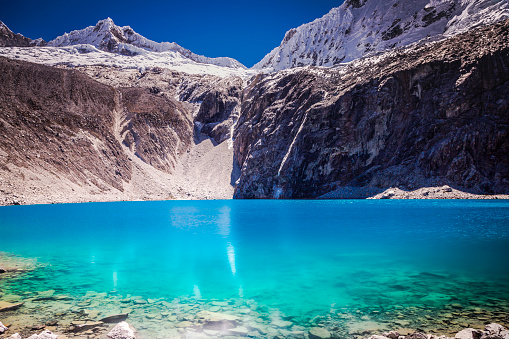 Laguna 69 (lake 69) and impresive Chacraraju, Cordillera Blanca – Ancash, peruvian Andes, Peru