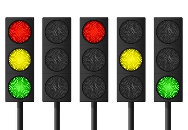 istock Set of modern led traffic lights with different sequence of switching. Showing red, yellow or green lights - Go, wait, stop. 1289255229