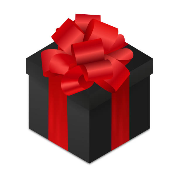 istock Realistic black box with beautiful red bow and ribbons and shadows.Closed box. Present. Gift box. Happy birthday, New Year, Xmas,Black Friday.3D.Isometry. Stock vector illustration on white isolated. 1289255231