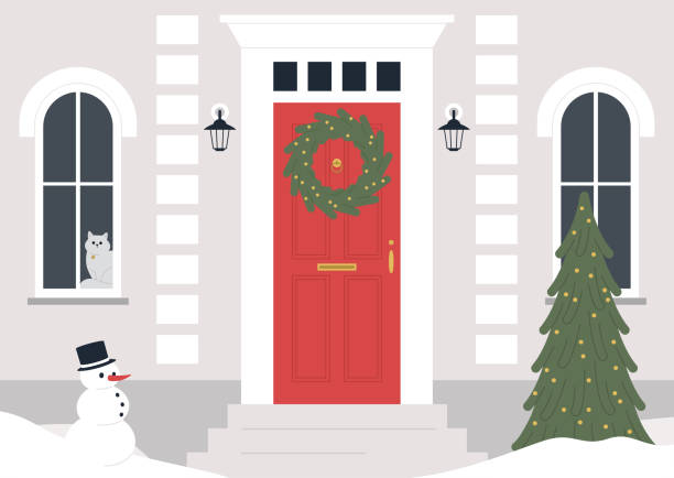 illustrations, cliparts, dessins animés et icônes de une entrée décorée de bâtiment, une couronne de noël sur la porte, un arbre de noël, vacances d’hiver - flower snow winter close up