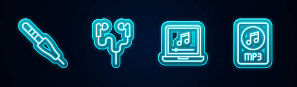 illustrazioni stock, clip art, cartoni animati e icone di tendenza di set line jack audio, cuffie air, laptop con nota musicale e file document mp3. icona al neon incandescente. vettore - note pad audio