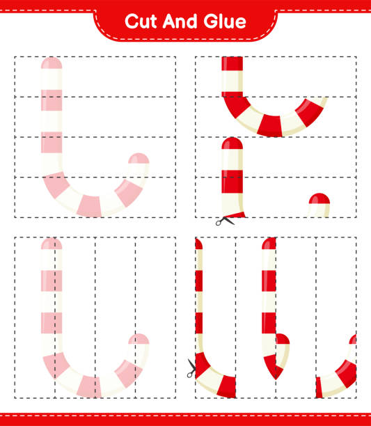 ilustrações de stock, clip art, desenhos animados e ícones de cut and glue, cut parts of candy canes and glue them. educational children game, printable worksheet, vector illustration - candy cane flash