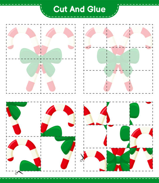 вырезать и клей, вырезать части конфеты с лентой и клей их. образовательная детская игра, печатная таблица, векторная иллюстрация - candy cane flash stock illustrations