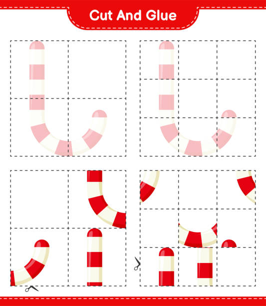 잘라 접착제, 사탕 지팡이의 일부를 잘라 접착제. 교육 어린이 게임, 인쇄 워크 시트, 벡터 일러스트레이션 - candy cane flash stock illustrations