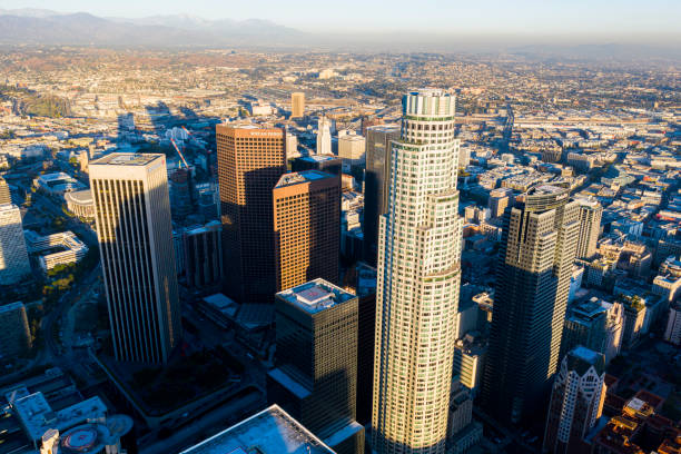 istock Los Angeles Skyline Aerial Video Sunset 1289257933