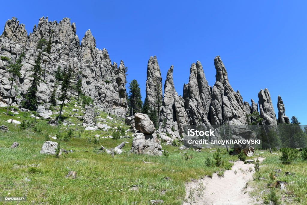 Cathedral Spires, Black Hills, South Dakota, United States Cathedral Spires granite rocks at the end of the trail. Custer State Park Stock Photo
