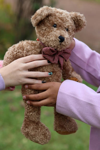 istock teddy bear in hands with light and dark skin 1289259680