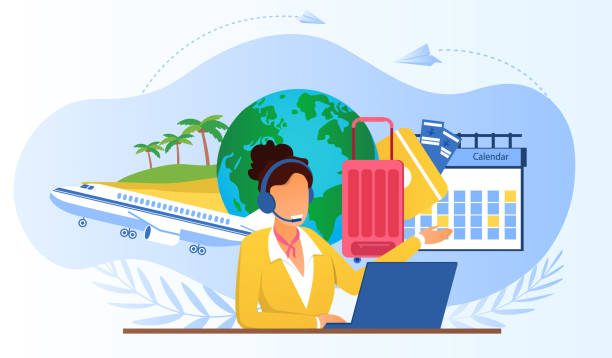 Touristic Service with Travel Company Manager Touristic service with travel company manager. Airline call center manager wearing headset, using laptop, consulting customers. Choosing vacation tour concept. Vector illustration travel agencies stock illustrations