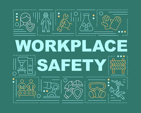 Workplace safety word concepts banner. Working environment. Hazard controls. Infographics with linear icons on green background. Isolated typography. Vector outline RGB color illustration