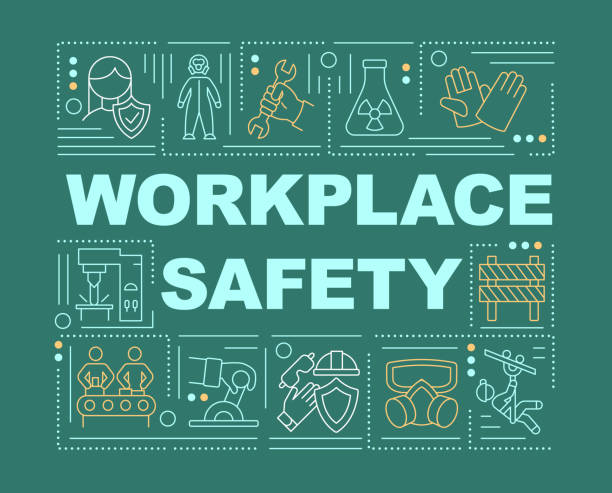 Workplace safety word concepts banner Workplace safety word concepts banner. Working environment. Hazard controls. Infographics with linear icons on green background. Isolated typography. Vector outline RGB color illustration occupational safety and health stock illustrations