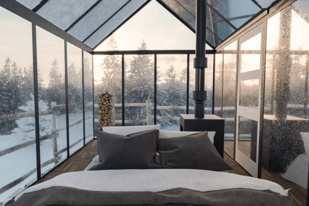 3d рендеринг уютной хижины с кроватью и стеклянными панелями в заснеженном лесу - home interior house building exterior comfortable стоковые фото и изображения