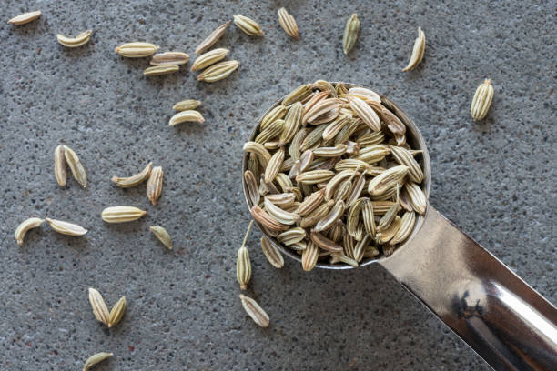 sementes de erva-doce derramadas de uma colher de chá - fennel spice spilling seed - fotografias e filmes do acervo