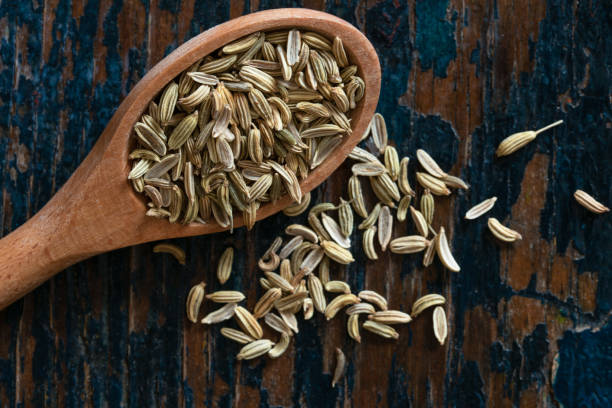 sementes de erva-doce derramadas de uma colher de chá - fennel spice spilling seed - fotografias e filmes do acervo