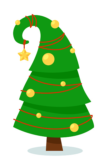 Green fluffy pine. Isolated fuzzy Christmas tree with decoration ball and star on bent top stripe illustration. Vector green fluffy pine holiday plant on white background